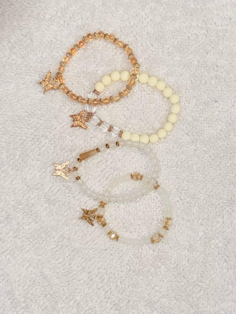 Boho Gold Butterfly Charm Beaded Bracelet Set Stack Cream Amber 4PC Stretch New - Picture 4 of 12